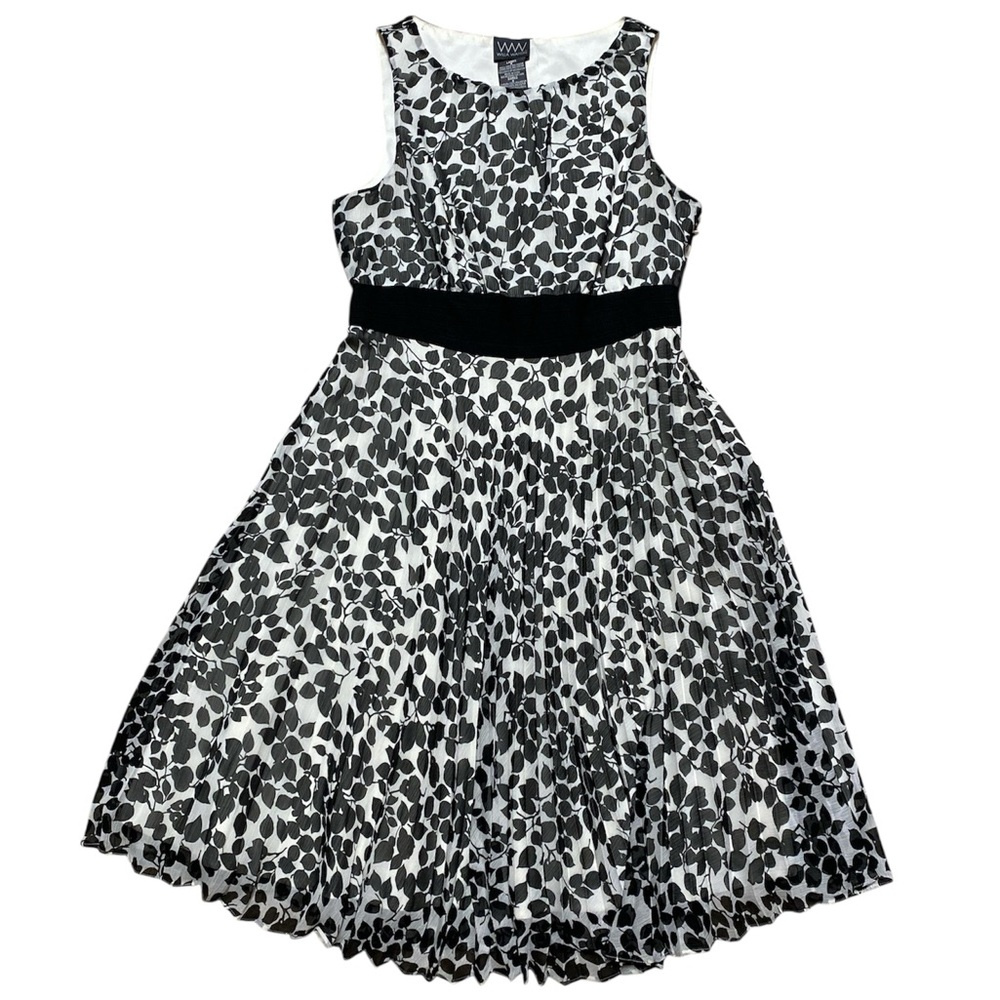 Willa Waters Sleeveless Dress Women’s 8 Black White Leaves Casual Pleated Skirt